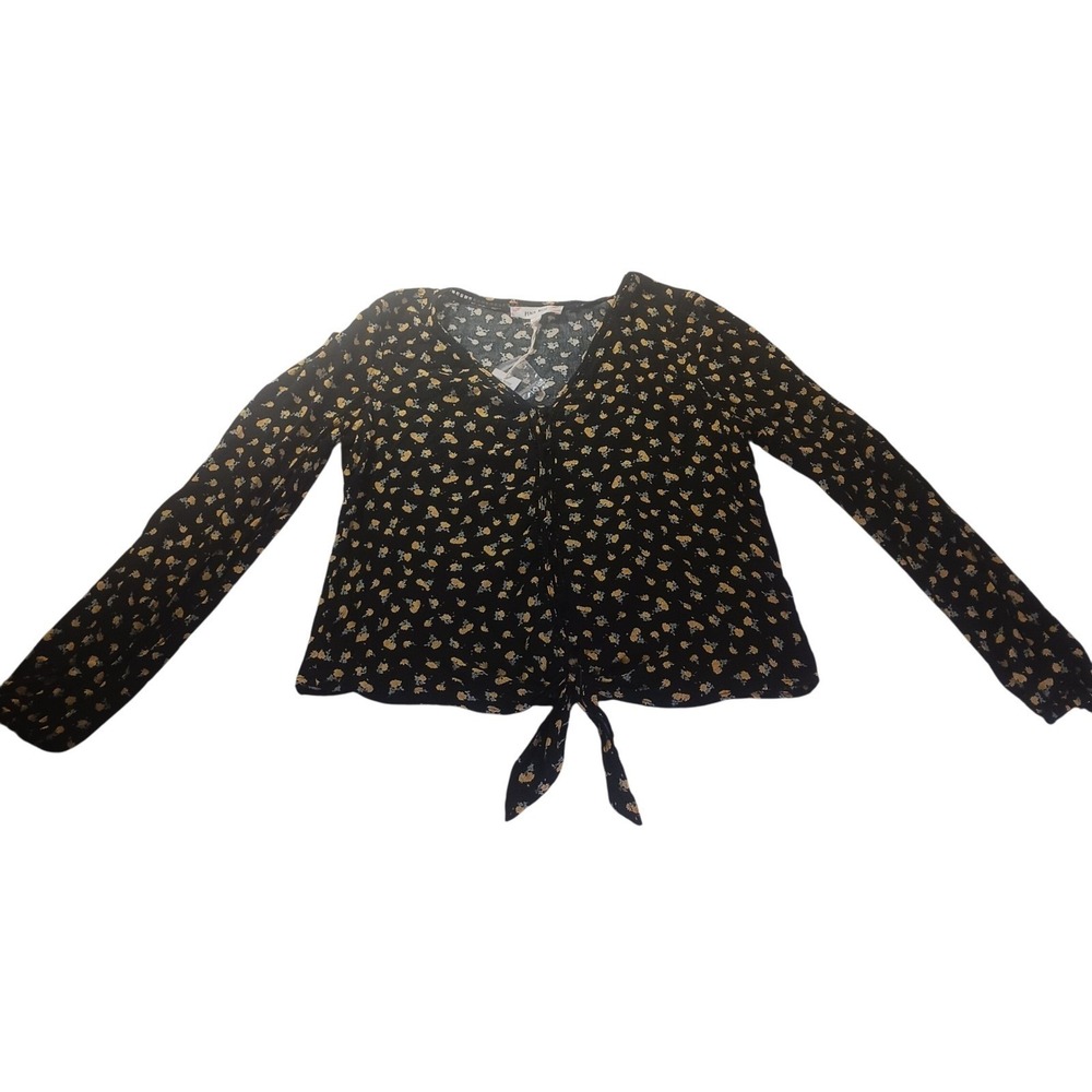 Pink Rose S Black Floral Ditsy Tie Front Long Sleeve Blouse Top‎ NWT Boho Casual